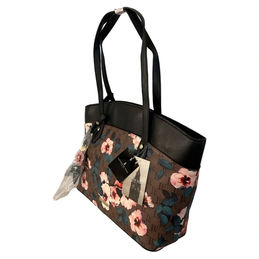 London Fog Floral Logo Tote Bag Brown Black Gold Large Shoulder Handbag